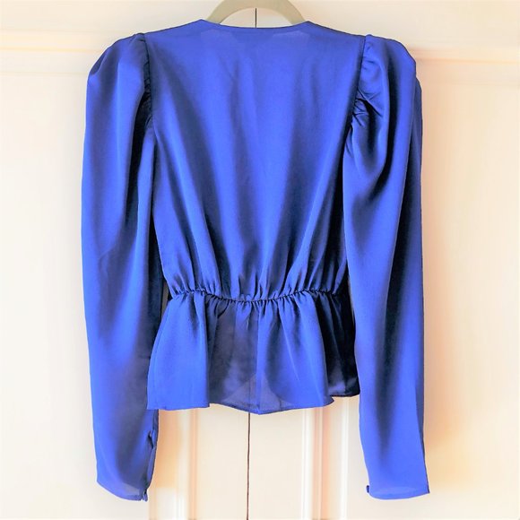 *NEW WITH TAGS* Cobalt Blue Satin Faux-Wrap Peplum Blouse by Express - Size XXS - Picture 5 of 16